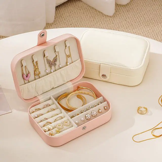 Alt view image 2 of 6 - Travel Jewelry Box,Jewelry Travel Case, Small Jewelry Box,2 Layer Travel Jewlery Case, PU Leather Mini Portable Jewerly Storage Display Holder for Earrings, Ring, Necklaces, Bracelets (Pink)