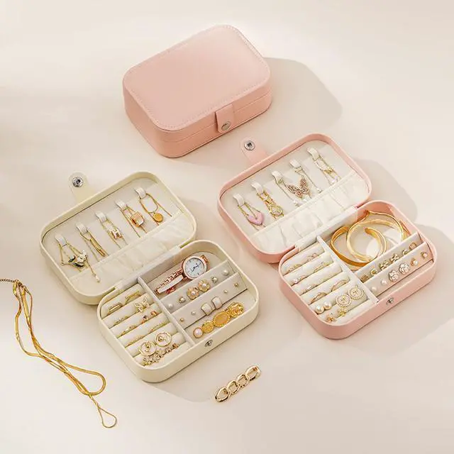 Alt view image 4 of 6 - Travel Jewelry Box,Jewelry Travel Case, Small Jewelry Box,2 Layer Travel Jewlery Case, PU Leather Mini Portable Jewerly Storage Display Holder for Earrings, Ring, Necklaces, Bracelets (Pink)