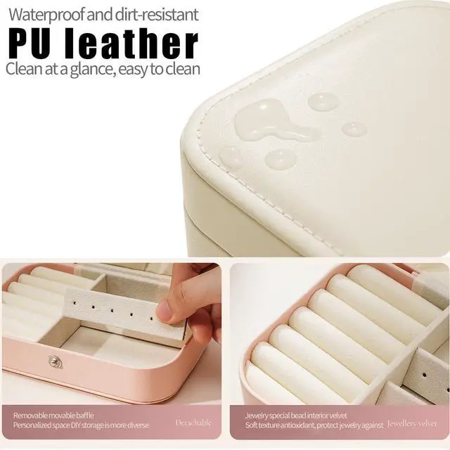 Alt view image 6 of 6 - Travel Jewelry Box,Jewelry Travel Case, Small Jewelry Box,2 Layer Travel Jewlery Case, PU Leather Mini Portable Jewerly Storage Display Holder for Earrings, Ring, Necklaces, Bracelets (Pink)