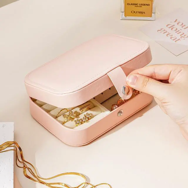 Alt view image 5 of 6 - Travel Jewelry Box,Jewelry Travel Case, Small Jewelry Box,2 Layer Travel Jewlery Case, PU Leather Mini Portable Jewerly Storage Display Holder for Earrings, Ring, Necklaces, Bracelets (Pink)