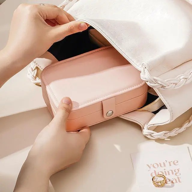 Alt view image 3 of 6 - Travel Jewelry Box,Jewelry Travel Case, Small Jewelry Box,2 Layer Travel Jewlery Case, PU Leather Mini Portable Jewerly Storage Display Holder for Earrings, Ring, Necklaces, Bracelets (Pink)