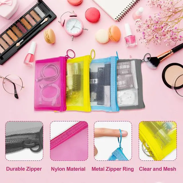 Alt view image 5 of 7 - Mini Mesh Pouches(4 Pack), Small Mesh Bags with Zipper Nylon Makeup Pouches Bag Cosmetic Pouch Travel Purse Organizer Insert Diaper Inside Bag Organizers Home Organizing Size See Through Cute Colors