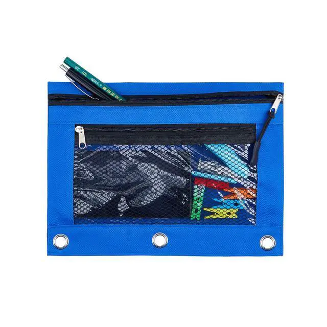 Alt view image 3 of 5 - 3 Ring Binder Pencil Pouchs, Zippered Pencil P9ouch Double Pocket Pencil Pouch 3 Ring with Clear Window (Blue&Green 2pack)