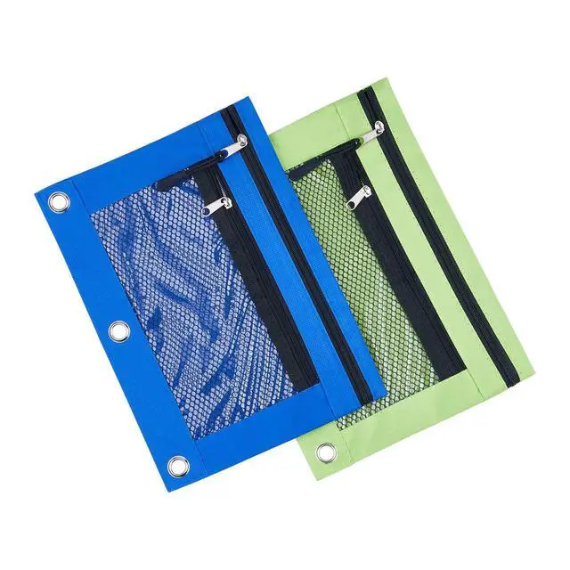 Alt view image 5 of 5 - 3 Ring Binder Pencil Pouchs, Zippered Pencil P9ouch Double Pocket Pencil Pouch 3 Ring with Clear Window (Blue&Green 2pack)