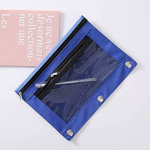 Alt view image 4 of 5 - 3 Ring Binder Pencil Pouchs, Zippered Pencil P9ouch Double Pocket Pencil Pouch 3 Ring with Clear Window (Blue&Green 2pack)