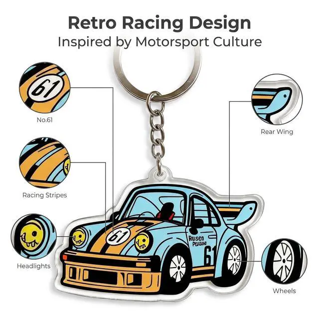 Alt view image 3 of 6 - Retro Racing Car Keychain Acrylic Race Car Key Ring, Vintage Motorsport Charm for Keys Backpack Purse, Automotive Accessory Gift for Car Enthusiasts