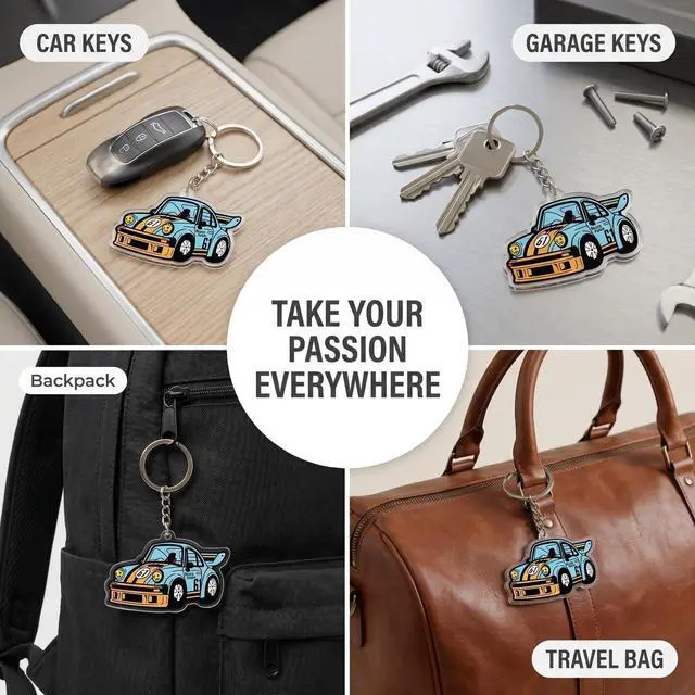 Alt view image 4 of 6 - Retro Racing Car Keychain Acrylic Race Car Key Ring, Vintage Motorsport Charm for Keys Backpack Purse, Automotive Accessory Gift for Car Enthusiasts