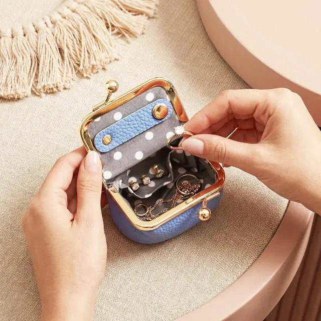 Alt view image 2 of 7 - Genuine Leather Mini Jewelry Box Portable Vintage-Inspired Leather Small Coin Purse Jewelry Organizer Case Mini Travel Ring Box with Kiss Lock for Women Earring Ring Necklace