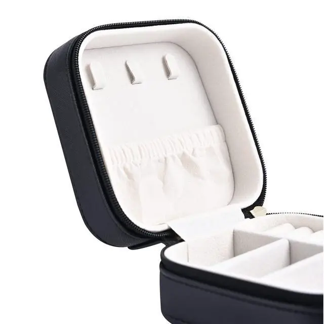 Alt view image 4 of 7 - Luxury Leather Travel Jewelry Box for Women Mini Organizer Small Jewelry Portable Travel Case for Rings Earrings Necklace Multifunctional Storage Wedding Bridesmaids Women Wife Daughter Gift (BLACK)