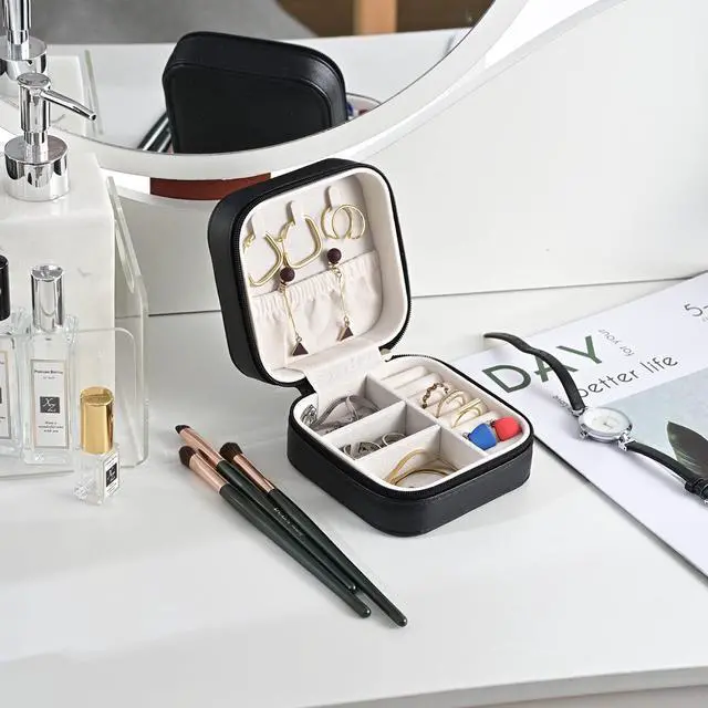Alt view image 5 of 7 - Luxury Leather Travel Jewelry Box for Women Mini Organizer Small Jewelry Portable Travel Case for Rings Earrings Necklace Multifunctional Storage Wedding Bridesmaids Women Wife Daughter Gift (BLACK)