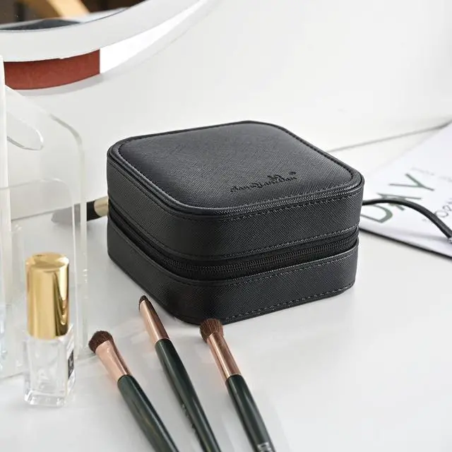 Alt view image 7 of 7 - Luxury Leather Travel Jewelry Box for Women Mini Organizer Small Jewelry Portable Travel Case for Rings Earrings Necklace Multifunctional Storage Wedding Bridesmaids Women Wife Daughter Gift (BLACK)