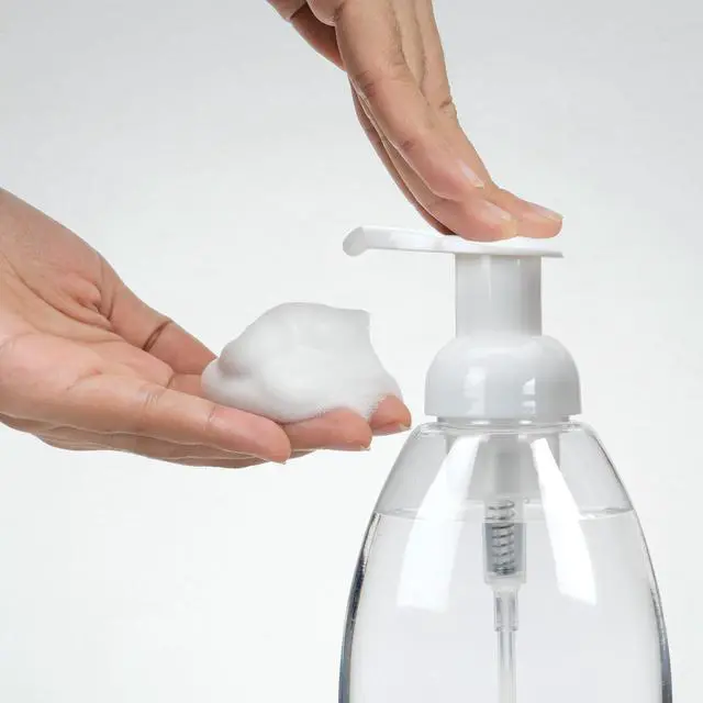 Alt view image 4 of 6 - Foaming Soap Dispenser, Refillable Plastic Pump Bottles for Liquid Hand Soap, 12 oz. Clear Bottle with White Pump, 2-Pack