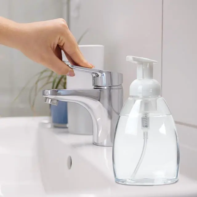 Alt view image 5 of 6 - Foaming Soap Dispenser, Refillable Plastic Pump Bottles for Liquid Hand Soap, 12 oz. Clear Bottle with White Pump, 2-Pack