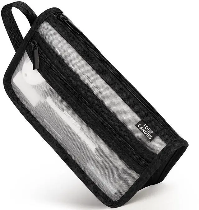Main image of Grid Mesh Pencil Case with Handle and Zipper, Clear Double-layer Pencil Pouch Marker Pouch, Travel Makeup Bag, Cute Transparent Stationary Organizer Pen Bag for Adult Office College