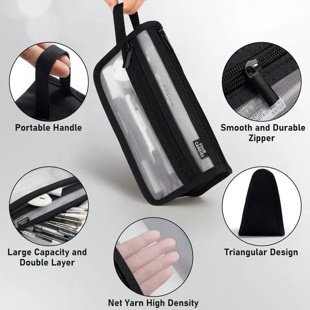 Alt view image 2 of 7 - Grid Mesh Pencil Case with Handle and Zipper, Clear Double-layer Pencil Pouch Marker Pouch, Travel Makeup Bag, Cute Transparent Stationary Organizer Pen Bag for Adult Office College