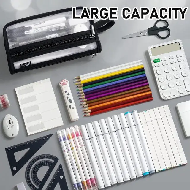 Alt view image 3 of 7 - Grid Mesh Pencil Case with Handle and Zipper, Clear Double-layer Pencil Pouch Marker Pouch, Travel Makeup Bag, Cute Transparent Stationary Organizer Pen Bag for Adult Office College