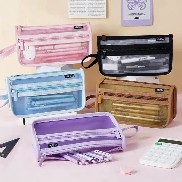 Alt view image 7 of 7 - Grid Mesh Pencil Case with Handle and Zipper, Clear Double-layer Pencil Pouch Marker Pouch, Travel Makeup Bag, Cute Transparent Stationary Organizer Pen Bag for Adult Office College