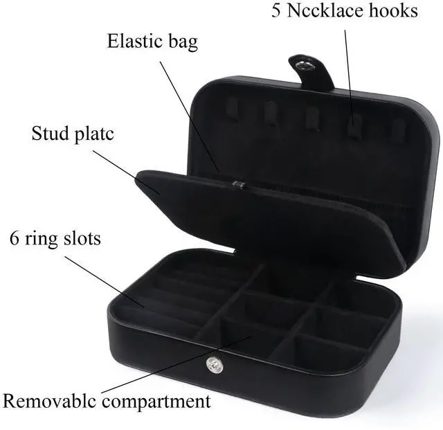Alt view image 4 of 7 - Travel Jewelry Box,Upgraded Travel Jewelry Case,Portable Jewelry Boxes for Women,PU Leather Jewelry Box,Travel Jewelry Organizer for Necklaces,Rings,Earrings,Bracelets,Black