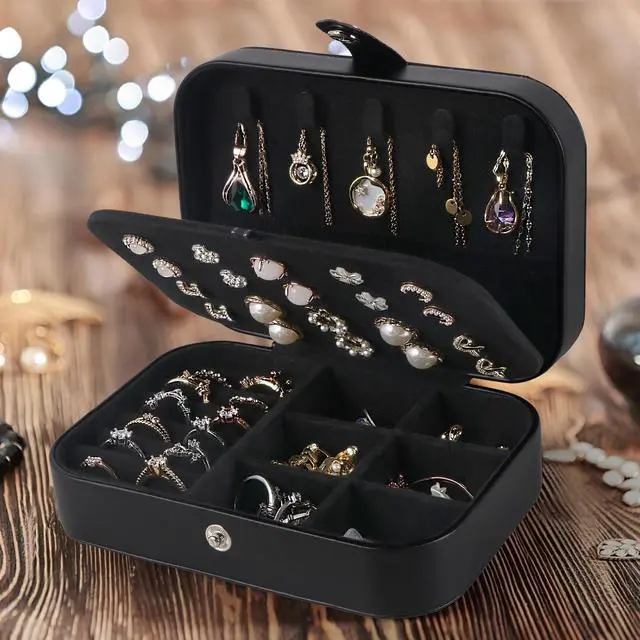 Alt view image 7 of 7 - Travel Jewelry Box,Upgraded Travel Jewelry Case,Portable Jewelry Boxes for Women,PU Leather Jewelry Box,Travel Jewelry Organizer for Necklaces,Rings,Earrings,Bracelets,Black