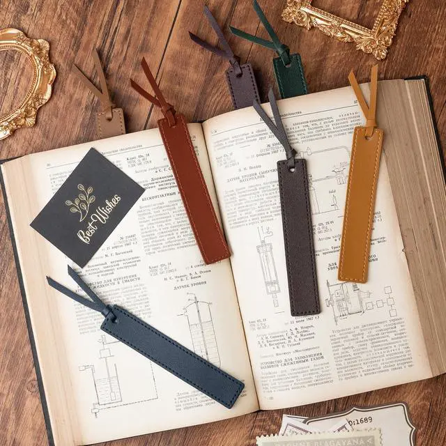 Alt view image 4 of 7 - 6 Pcs Leather Bookmark with Tassel, Classic Style Bookmark, 0.05 Inches Thin Handmade Stitched Bookmarks for Men, Book Marks for Reading, Gifts for Book Lovers, Readers (Light Retro)