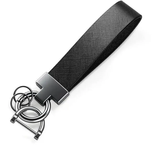 Main image of Leather Car Keychain, Universal Heavy Duty Metal Key Chain Holder with 2 Key Ring and Anti-Lost D-Ring, Car Accessories for Men and Women (Black)