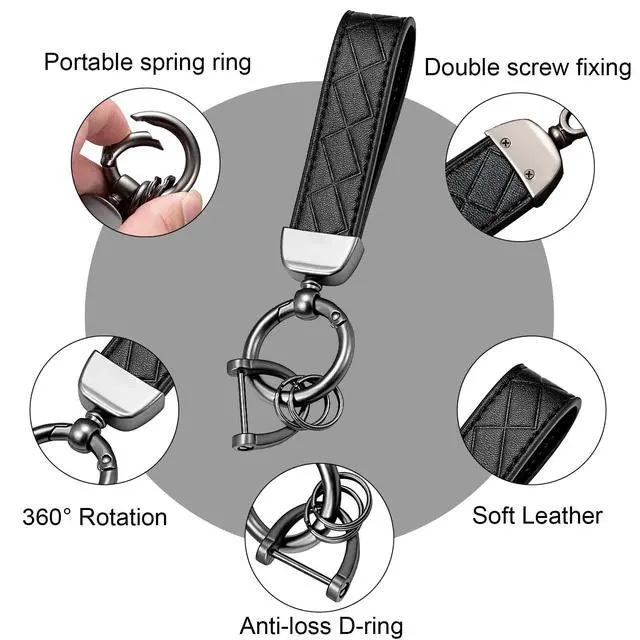 Alt view image 3 of 7 - Leather Keychain, Universal Decorative Car Key Holder, Anti-lost D-ring, 360 Degree Rotatable Key Fob Keychain for Men and Women (Black)