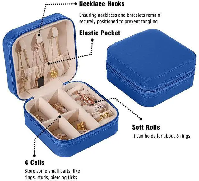 Alt view image 3 of 6 - Small Travel Jewelry Box, Portable Mini Jewelry Leather Box Jewelry Ring Organizer Case Storage Holder Gift Boxes for Girls Women, Navy blue