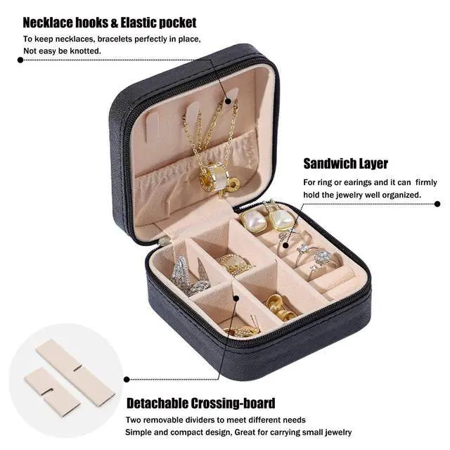 Alt view image 2 of 7 - Mini Jewelry Travel Case, PU Leather Travel Jewelry Organizer Box, Small Portable Portable Jewellery Storage Holder for Womens Rings Earrings Necklaces Bracelets (Black)