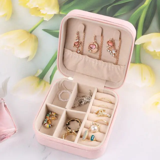 Alt view image 7 of 7 - Travel Jewelry Case for Women Girls, Jewelry Box Organizer,6.3x4.3In,Pink