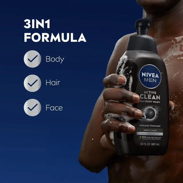 Alt view image 2 of 7 - Active Clean Body Wash with Natural Charcoal for Normal to Oily Skin, 3-in-1 Charcoal Body Wash, Face and Hair, Draws Out Dirt and Impurities, 30 Fl Oz Bottle
