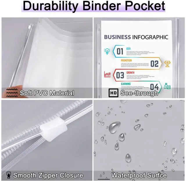 Alt view image 3 of 7 - 8 Pack Clear Letter Size Binder Pockets 3 Ring Binder Zipper Pouch Document Organizer, Waterproof PVC 3-Hole Loose Leaf File Bags Insert Sleeves Page Sheet Protectors Business Office Supplies