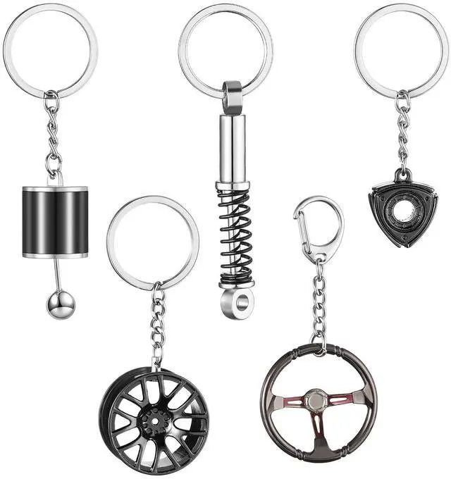 Main image of 5 Pcs Car Keychains Set for Men Gear Shift, Suspension, Rotary Engine, Wheel, Steering Wheel Cool Metal Keychains for Car Enthusiast Gifts for Women Men Gift
