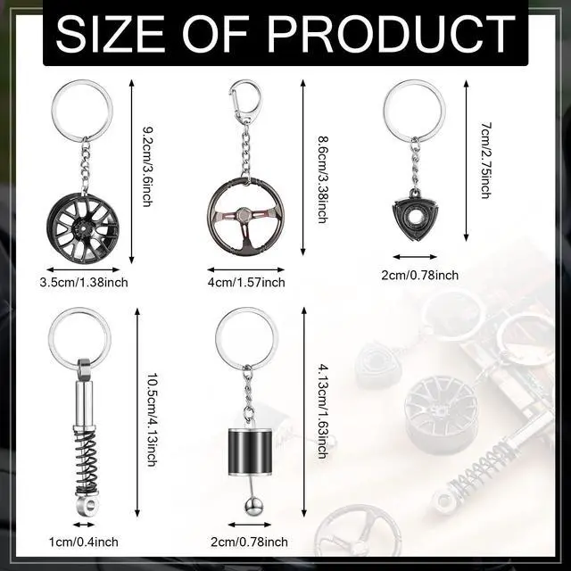 Alt view image 2 of 7 - 5 Pcs Car Keychains Set for Men Gear Shift, Suspension, Rotary Engine, Wheel, Steering Wheel Cool Metal Keychains for Car Enthusiast Gifts for Women Men Gift
