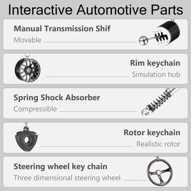 Alt view image 3 of 7 - 5 Pcs Car Keychains Set for Men Gear Shift, Suspension, Rotary Engine, Wheel, Steering Wheel Cool Metal Keychains for Car Enthusiast Gifts for Women Men Gift