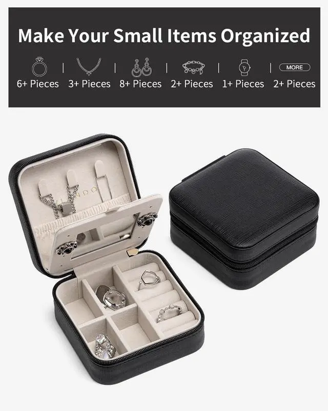 Alt view image 4 of 6 - Travel Jewelry Case, Mothers Day Mom Gifts, Small Jewelry Travel Organizer Box for Girls Women with Mirror Black