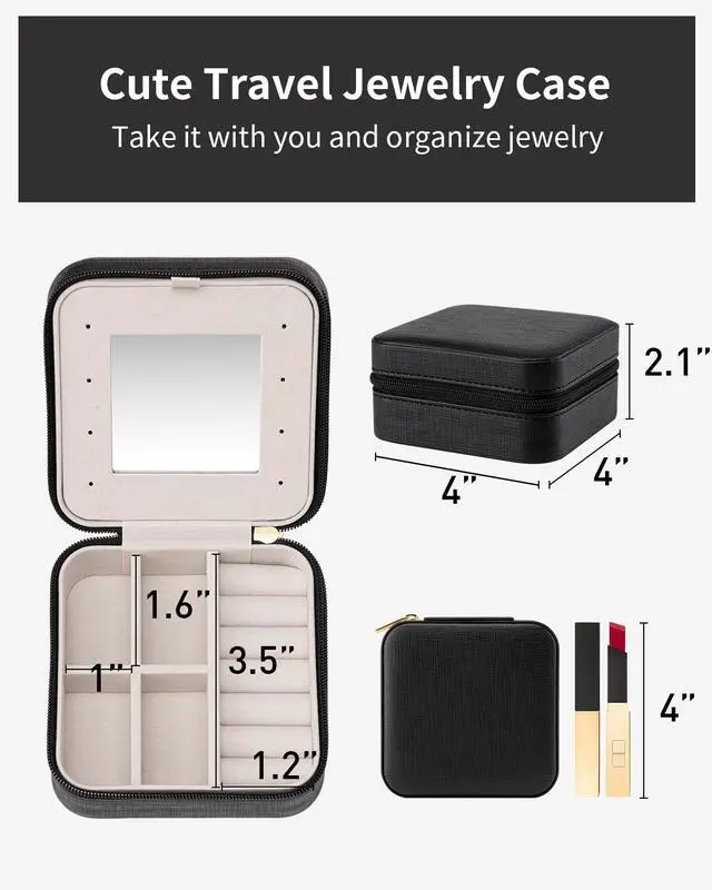 Alt view image 5 of 6 - Travel Jewelry Case, Mothers Day Mom Gifts, Small Jewelry Travel Organizer Box for Girls Women with Mirror Black