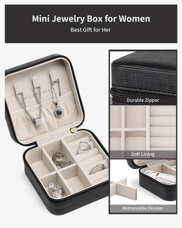 Alt view image 3 of 6 - Travel Jewelry Case, Mothers Day Mom Gifts, Small Jewelry Travel Organizer Box for Girls Women with Mirror Black