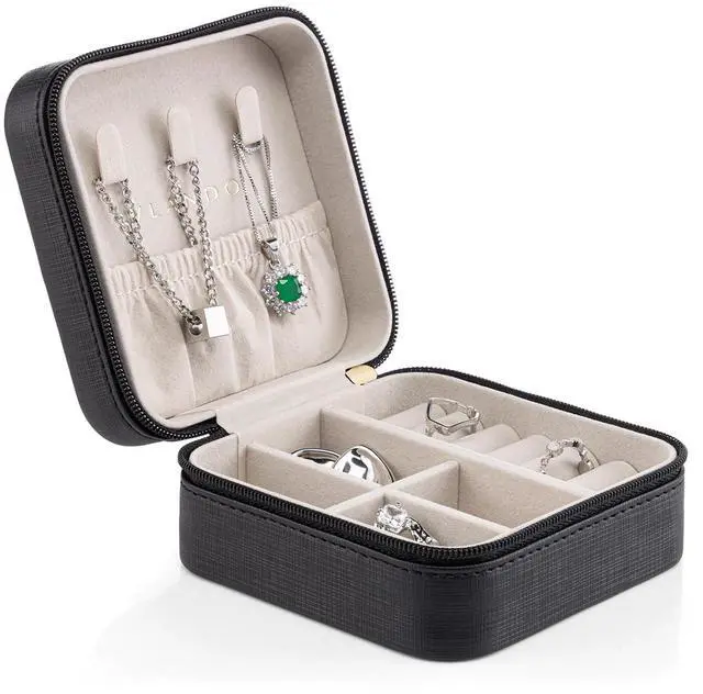 Main image of Small Faux Leather Travel Jewelry Box Organizer Display Storage Case for Rings Earrings Necklace, Black