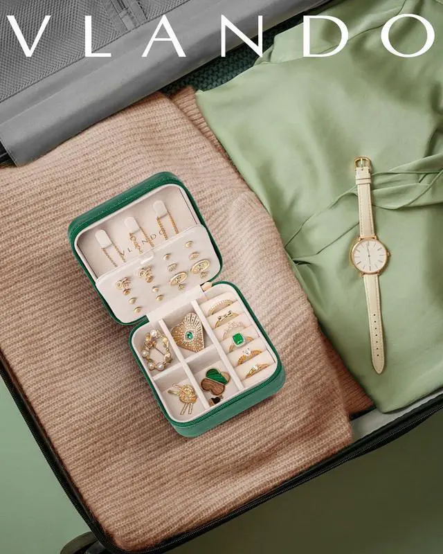Alt view image 2 of 7 - Travel Jewelry Case, Small Travel Jewelry Organizer Box for Girls Women - Dark Green