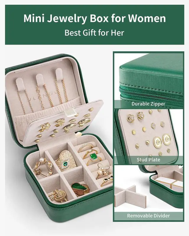 Alt view image 3 of 7 - Travel Jewelry Case, Small Travel Jewelry Organizer Box for Girls Women - Dark Green