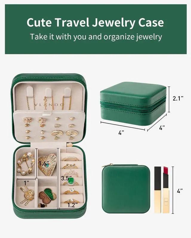 Alt view image 5 of 7 - Travel Jewelry Case, Small Travel Jewelry Organizer Box for Girls Women - Dark Green