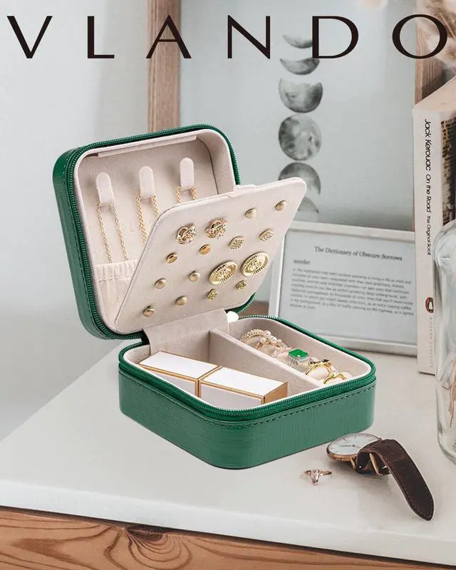 Alt view image 7 of 7 - Travel Jewelry Case, Small Travel Jewelry Organizer Box for Girls Women - Dark Green
