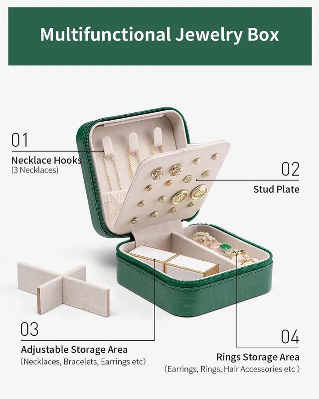 Alt view image 4 of 7 - Travel Jewelry Case, Small Travel Jewelry Organizer Box for Girls Women - Dark Green