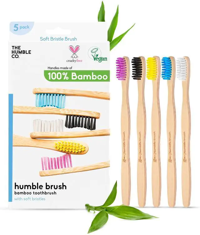 Main image of Bamboo Toothbrushes, 5 Pack - Soft Bristles Natural Bamboo Toothbrush - BPA Free Soft Bristles for Sensitive Gums - Non-Toxic & Plastic Free Handle - Dental Oral Care & Hygiene