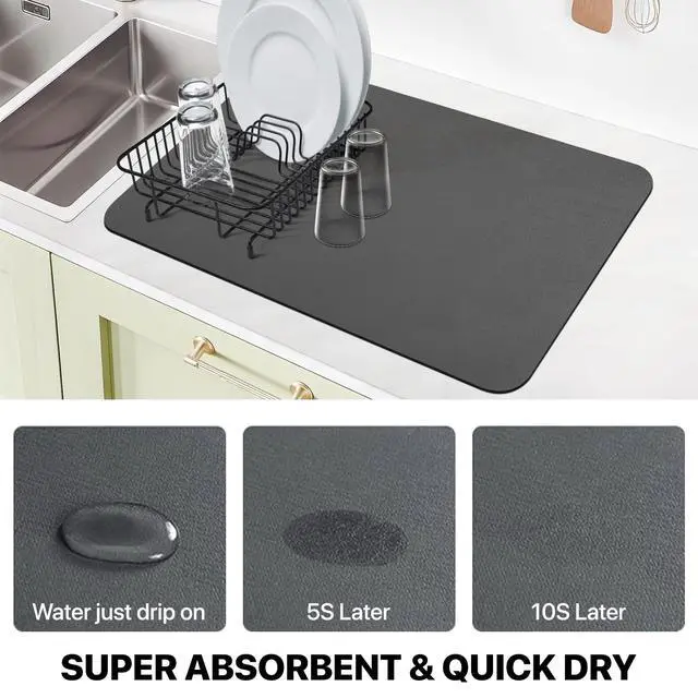 Alt view image 2 of 7 - Dish Drying Mat for Kitchen Counter-Coffee Mat Bar Accessories,Super Absorbent, Hide Stain, Nop-Slip Rubber Backed, Fit Under Coffee Maker, Pot, Dish Rack, 12"x19", Dark Grey