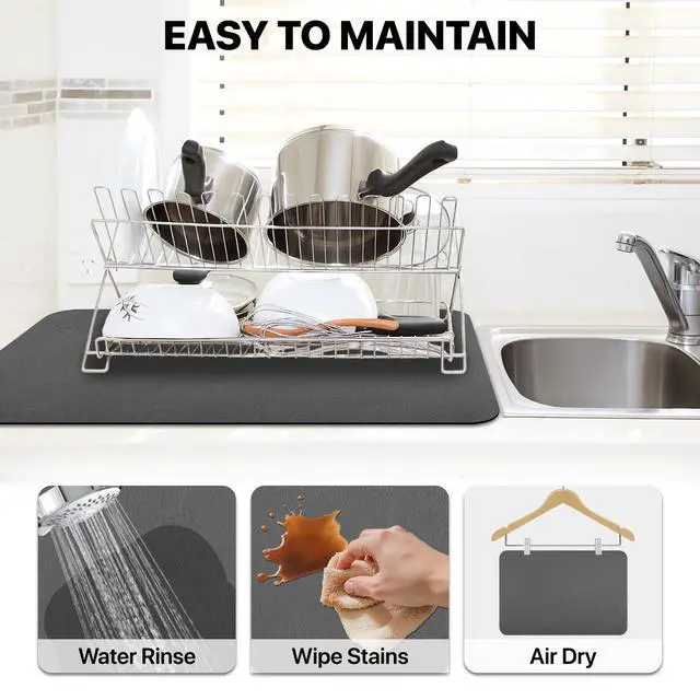 Alt view image 4 of 7 - Dish Drying Mat for Kitchen Counter-Coffee Mat Bar Accessories,Super Absorbent, Hide Stain, Nop-Slip Rubber Backed, Fit Under Coffee Maker, Pot, Dish Rack, 12"x19", Dark Grey