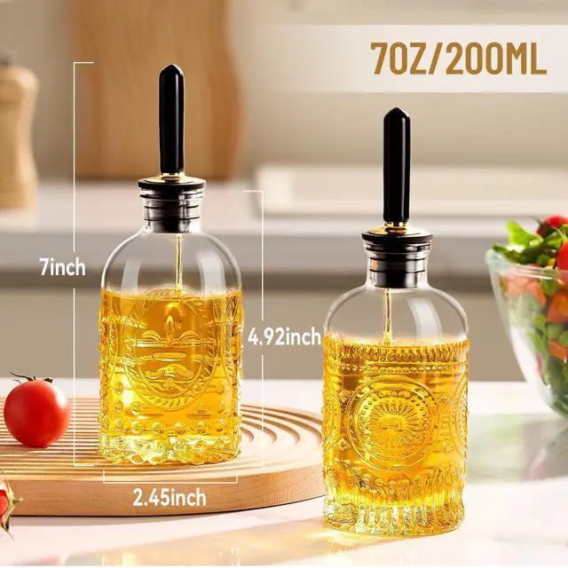 Alt view image 4 of 6 - Olive Oil Dispenser Bottle for Kitchen with Metal Spout, Glass Oil Bottles 7OZ, Elegant Glass Cooking Dispenser for Kitchen Juice Mouthwash Honey Syrup Coffee Syrup-2pcs