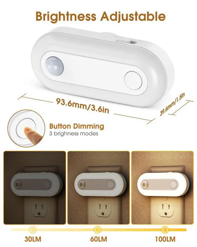 Alt view image 5 of 7 - Plug-in LED Night Light with Motion Sensor & Dusk to Dawn Sensor, Dimmable Warm White Nightlight 30-100LM Adjustable Sleep Night Lights Plug Into Wall for Bedroom, Bathroom, Stairs, Hallway, 2 Pack