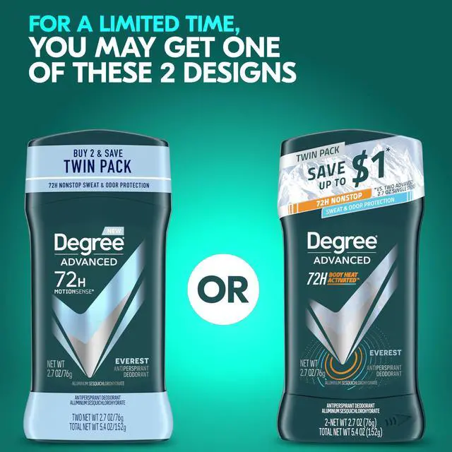 Alt view image 2 of 3 - Men Advanced Antiperspirant Deodorant Everest 2 Count 72-Hour Sweat and Odor Protection Antiperspirant For Men With Body Heat Activated Technology 2.7 oz