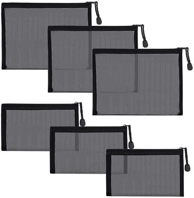 Main image of 6 Pack Mesh Cosmetic Bags, Nylon Makeup Pouches with Zipper for Home Office Purse Diaper Bag (Black)